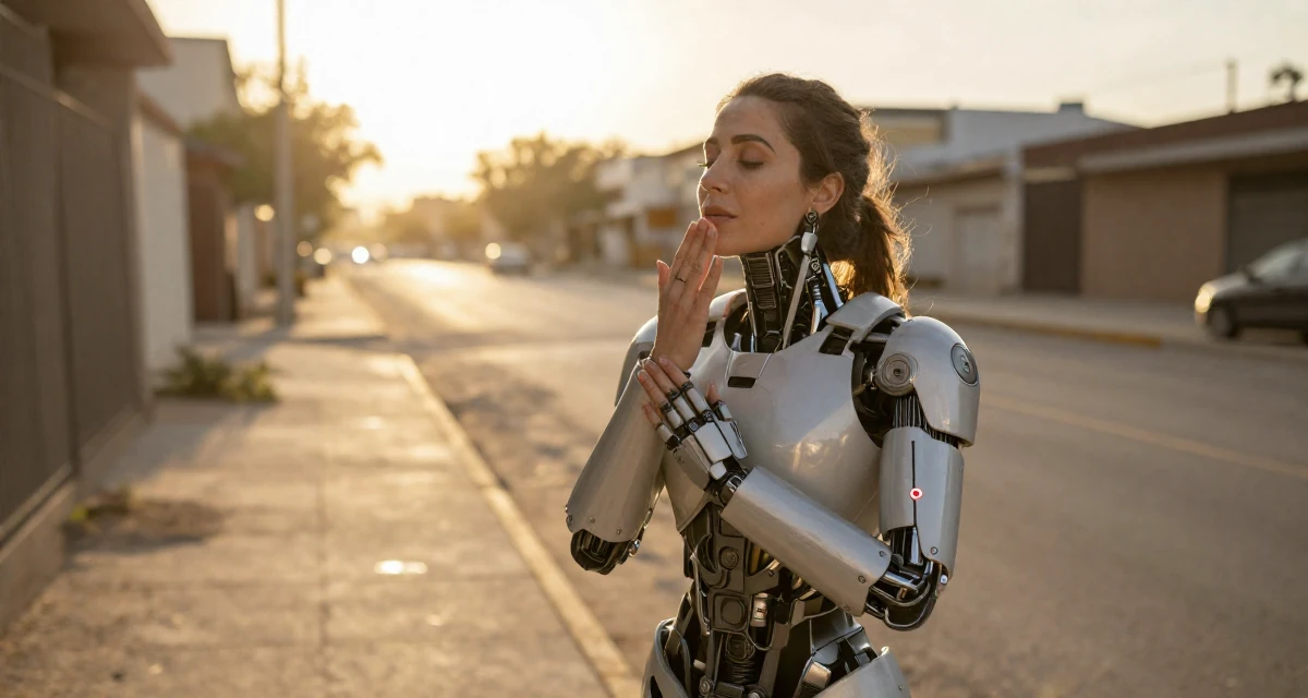 A curious and focused Female Grew up in Argentina, majored in audiovisual production in their 47, revitalizing a marriage after twenty years, wearing a futuristic android body armor with exposed mechanical parts, taking a deep breath in a city sidewalk.