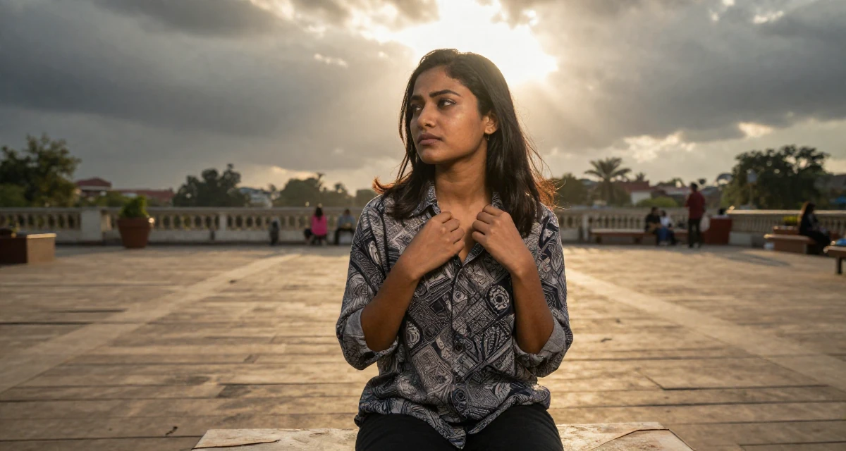A enigmatic Female Raised in Bangladesh, studied consumer insights in their 23, feeling pressure to figure life out quickly, wearing a relaxed fit patterned shirt, adjusting a collar in a pedestrian plaza.