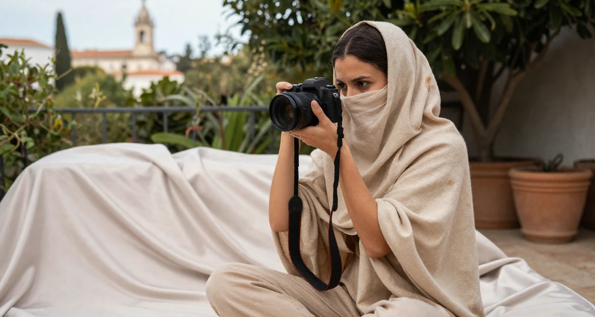 A focused Female From Portugal, based in Faro, graduated from a media institute majoring in stylish audiovisual curation in their 33, considering switching careers, wearing a desert nomad wrap outfit with a face veil, holding a camera ready to shoot in a garden patio.