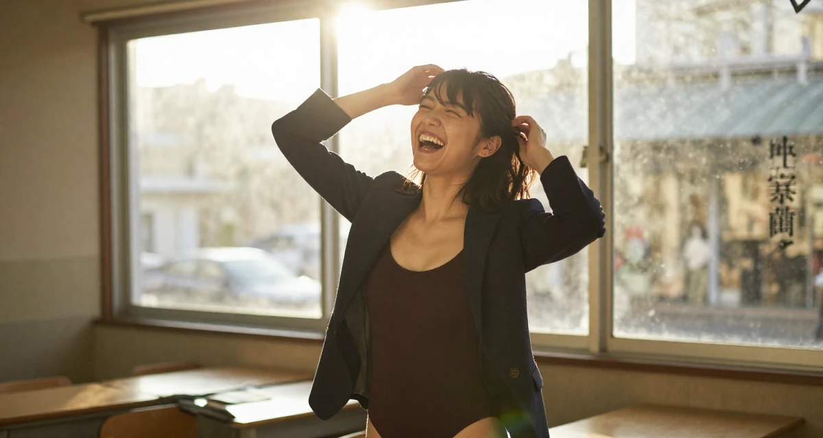 A charismatic Female From Japan, studied English literature in their 21, laughing openly with head thrown back, wearing a bodysuit with a blazer and no pants (editorial look), retouching hair volume in a lecture hall.
