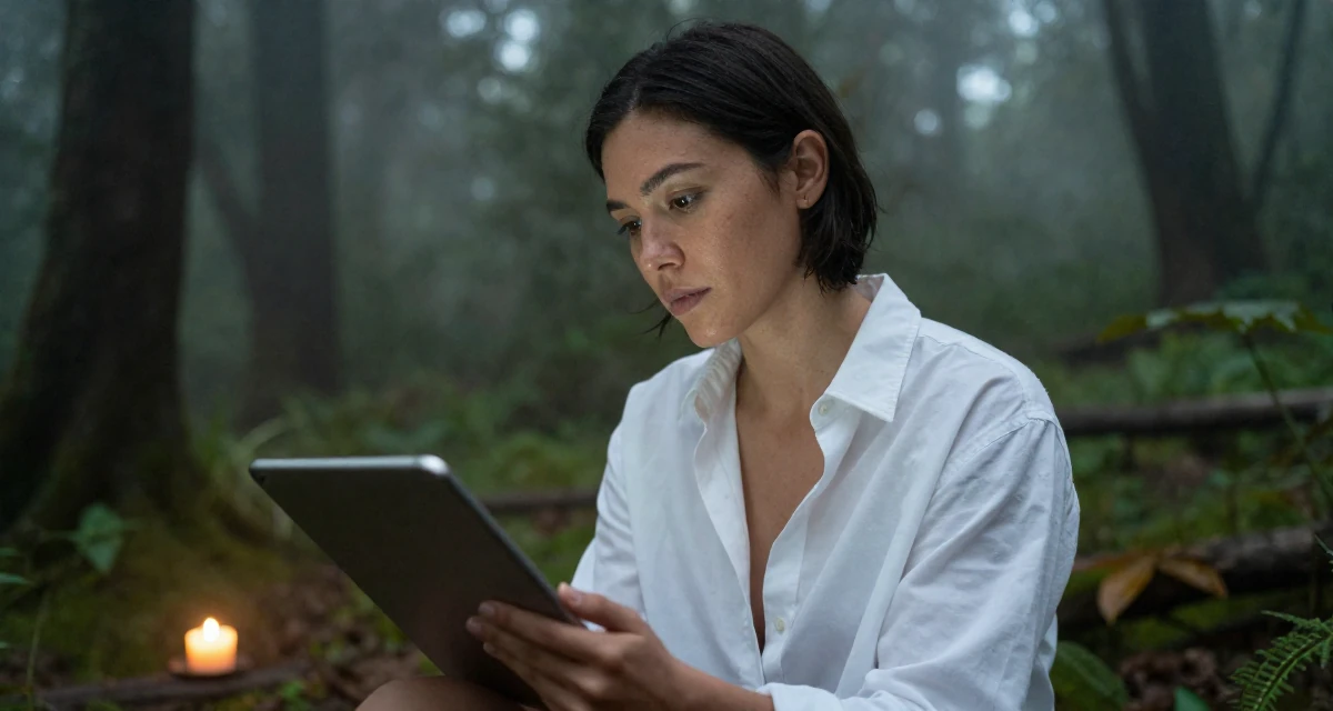 A focused Female Former hotel housekeeper, now offering intimate behind-the-scenes content in their 32, managing long-distance relationship, wearing a white shirt unbuttoned to the chest, holding a tablet device in a dense misty forest.