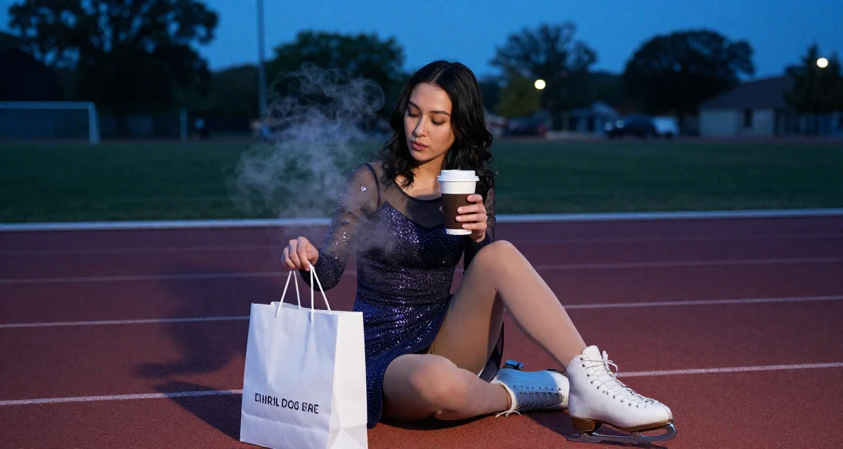 A nostalgic Female From Chicago USA, holds a degree in communications in their 23, adjusting pricing after analyzing monthly performance, wearing a ice skater sparkly dress with sheer sleeves, holding a shopping bag in a running track.