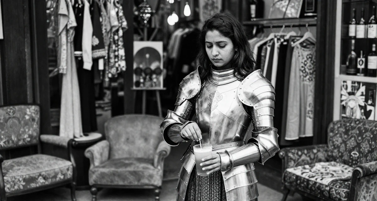 A melancholic Female Born in Nepal, studied urban planning in their 28, facing that growth sometimes plateaus for months, wearing a fantasy warrior princess armor made of silver metal, stirring a drink in a clothing boutique.