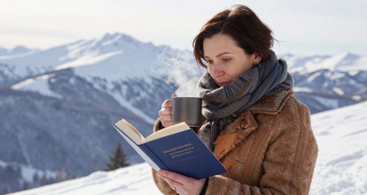A assured Female From Russia, holds a degree in graphic design in their 40, celebrating a decade of professional mastery, wearing a layered autumn coat and scarf, reading a book intently in a snowy mountain peak.