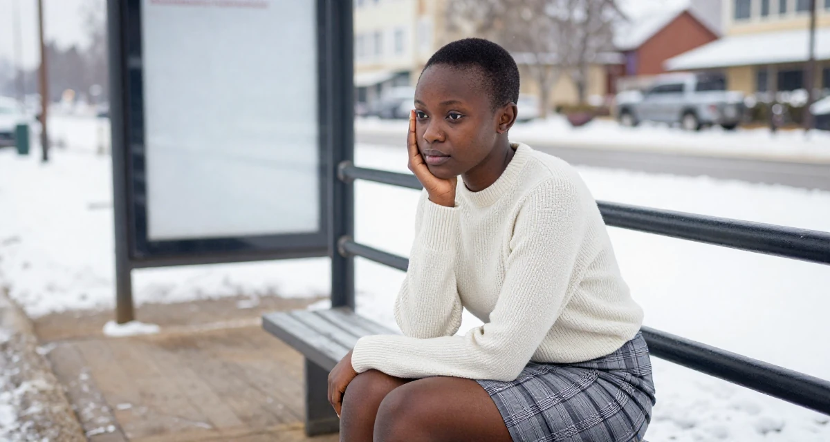 A composed Female From Kenya, based in Nairobi, graduated from a creative institute majoring in aesthetic communication in their 25, coping with homesickness during first year away, wearing a fitted merino wool sweater and plaid mini skirt, leaning on a railing in a bus stop.