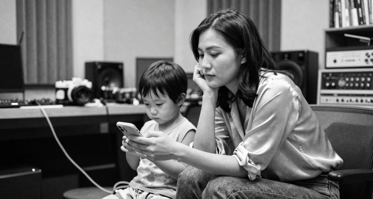 A calmly observant Female From Taiwan, based in Taichung, graduated from an arts academy majoring in visual storytelling in their 35, raising a toddler while building a business, wearing a soft silk blouse and jeans, reading a text message in a music studio.