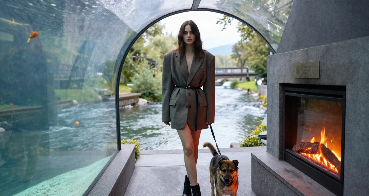 A mysterious Female From Zurich Switzerland, learned luxury lifestyle imaging in their 20, exploring identity through bold fashion choices, wearing a oversized blazer worn as a dress with a belt, walking a dog (leash visible) in a aquarium tunnel.