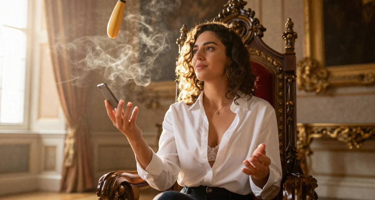 A witty Female From Ireland, studied creative writing in their 24, juggling edits, shoots, and a boss who texts on weekends, wearing a white button-down shirt worn open over a lace bra, scrolling casually in a royal palace throne room.