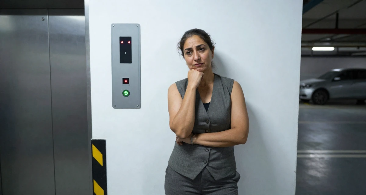 A disinterested Female From Afghanistan, majored in agricultural science in their 50, inspiring others to start over at any age, wearing a fitted vest top worn without a shirt underneath and slacks, resting a chin on a hand in a underground parking garage.