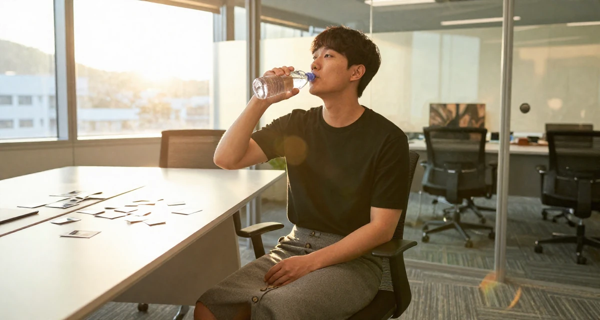 A judgemental male From Busan South Korea, majored in industrial design in their 29, managing emotional burnout disguised as “taking a break”, wearing a fitted midi skirt with buttons down the front, drinking from a water bottle in a glass-walled conference room.