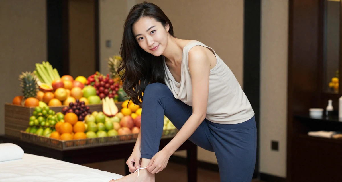 A softly smiling Female From Hangzhou China, majored in visual arts in their 25, accepting that growth is slower than motivational quotes claim, wearing a draped neckline top and fitted slacks, tying a shoelace in a luxury spa room.