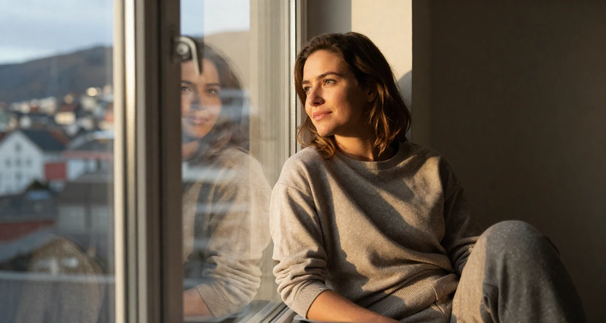 A peaceful Female From Bergen Norway, focused on natural-light photography in outdoor settings in their 25, learning to batch-shoot to save time, wearing a muted earth-tone clothing set, looking at a reflection in a window in a photo studio.