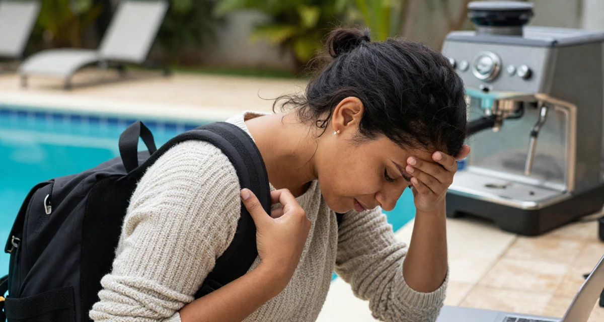 A soulful Female From Brazil, majored in communication in their 28, dealing with fatigue from years of online performance, wearing a textured wool sweater, adjusting a backpack strap in a swimming pool deck.