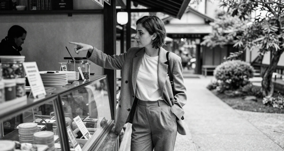 A resilient Female Grew up in Croatia, studied interaction design in their 26, dealing with younger competition while finding identity, wearing a relaxed fit suit separate, pointing at something nearby in a bakery counter.