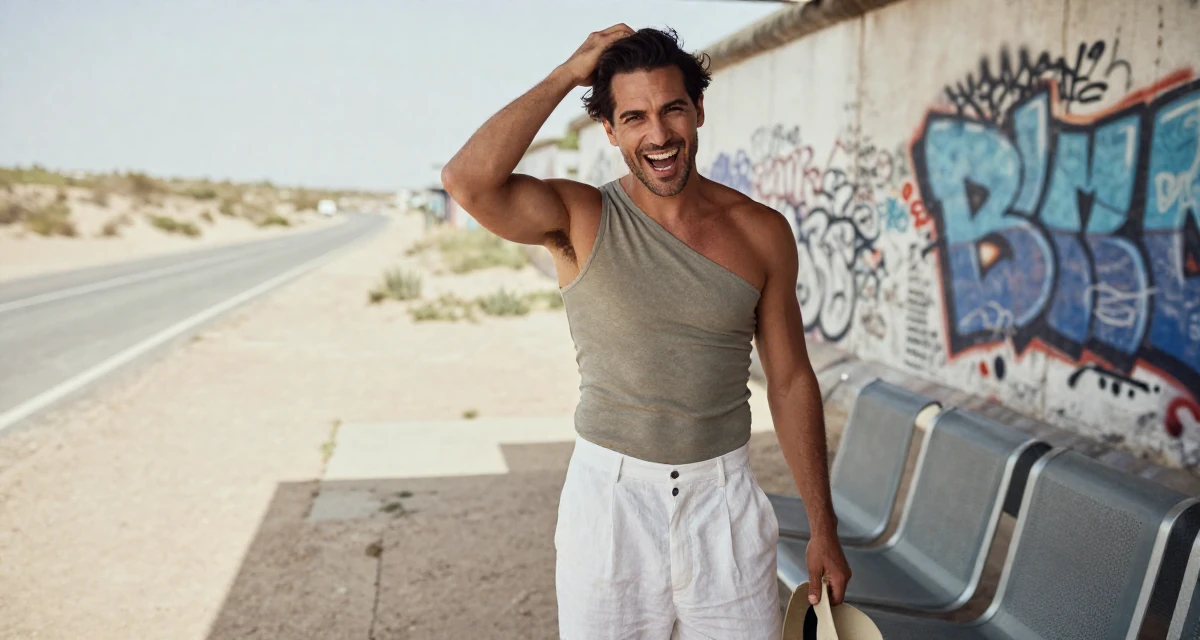 A ecstatic male From USA, dropped out of art school to pursue modeling in their 50, feeling more vibrant and energetic than ever, wearing a one-shoulder fitted top and white linen trousers, holding a hat in a waiting room.