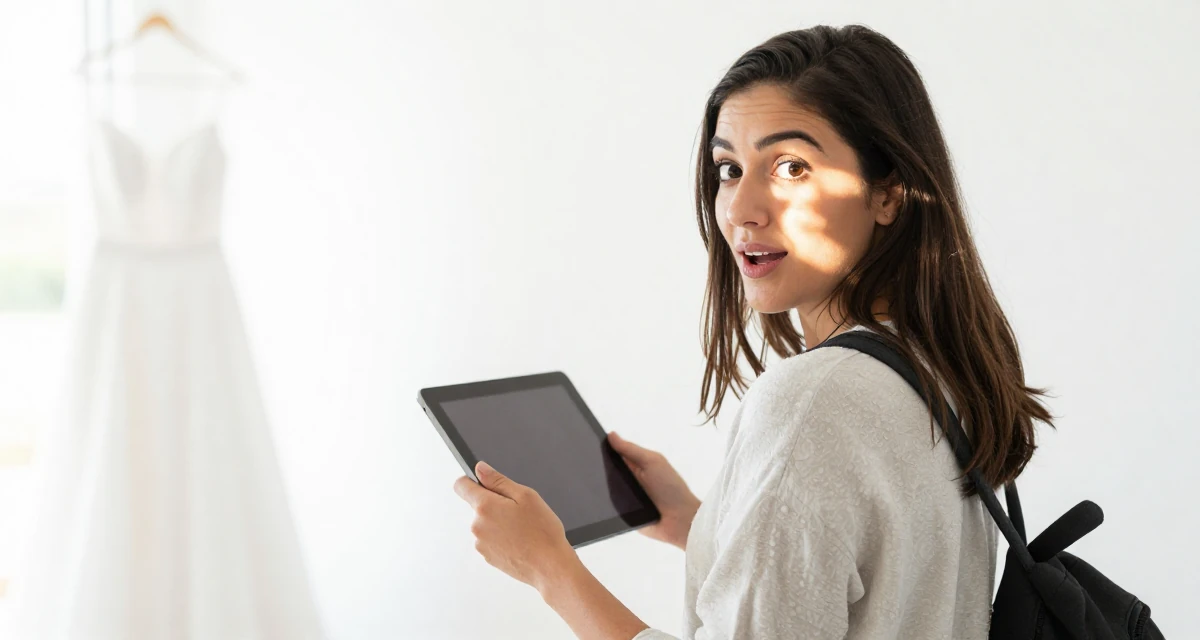 A eager Female From Uruguay, studied anthropology in their 29, balancing content creation with part-time work, wearing a comfortable travel outfit, holding a tablet device in a wedding venue.