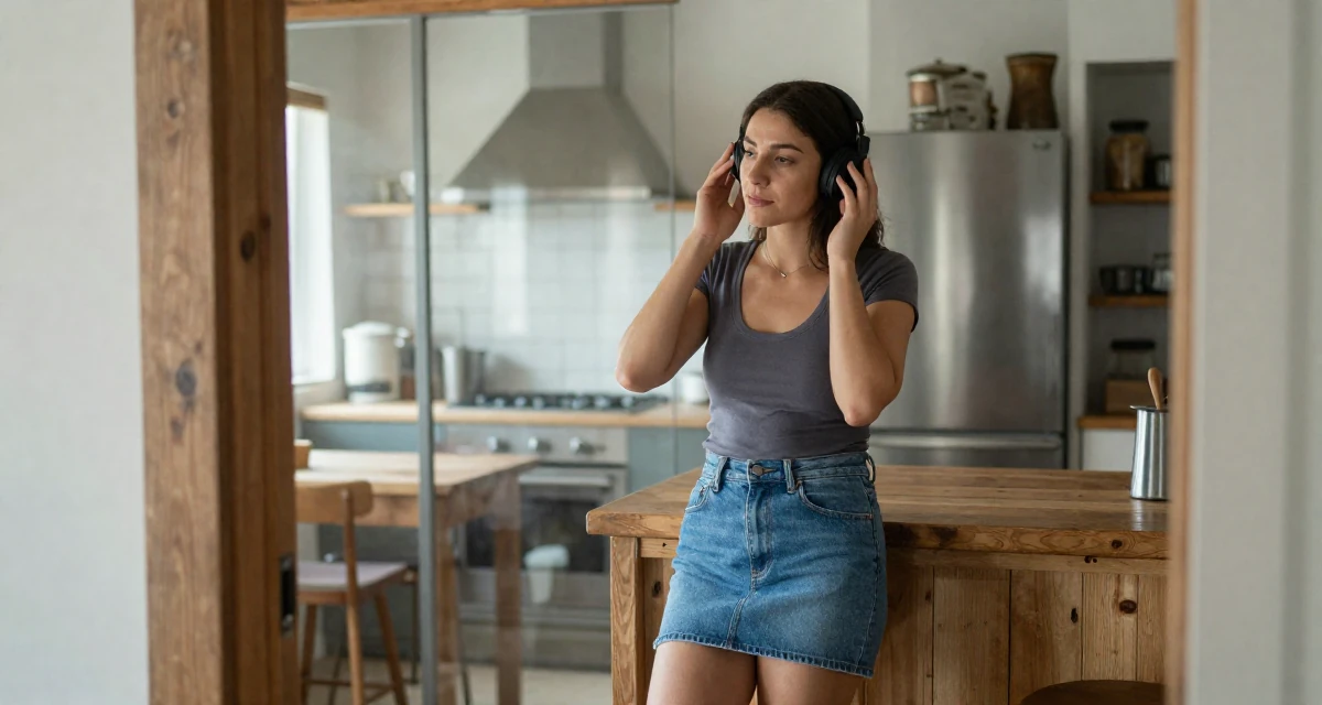 A sincere Female From United States, majored in hospitality design in their 24, figuring out how to manage trolls and harassment, wearing a fitted scoop neck tee and a denim mini skirt, adjusting headphones in a rustic kitchen.