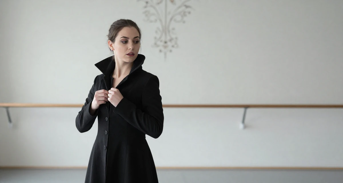 A alert and attentive Female Former spa receptionist, now blending beauty with calm-aesthetic content in their 22, managing emotional whiplash from fluctuating subscriber counts, wearing a gothic vampire hunter outfit with a long coat, buttoning up a jacket in a ballet studio.