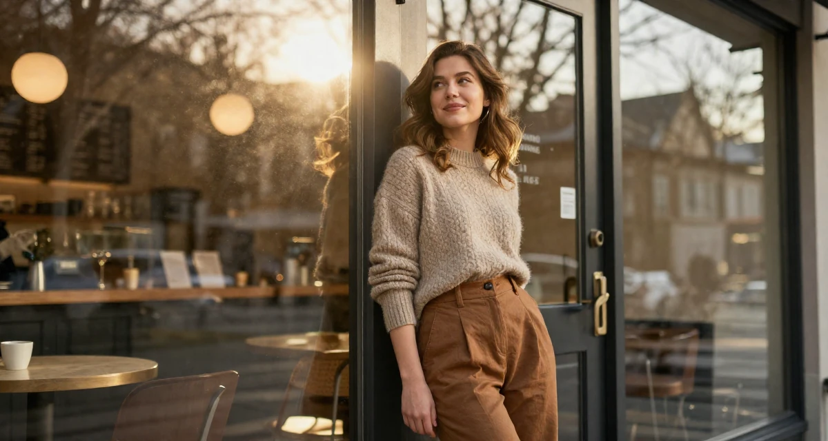 A witty Female Once a digital-marketing intern, now running her own creator brand in their 32, managing long-distance relationship, wearing a vintage sweater and high-waist pants, leaning against a door in a trendy coffee shop.