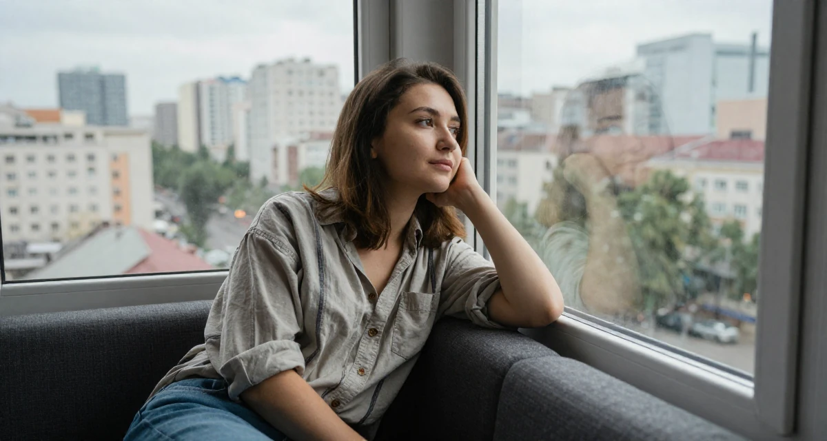 A dreamy Female From Kazakhstan, studied financial mathematics in their 31, digital nomad setting up a base in a new city, wearing a relaxed vacation shirt, looking at a reflection in a window in a cozy reading nook by a window.