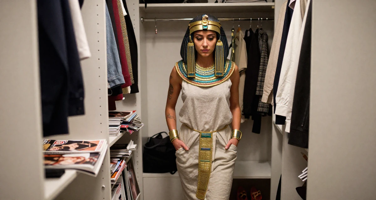 A cold and distant Female From Finland, majored in educational psychology in their 24, stepping into a more empowered, seductive creator phase, wearing a egyptian queen costume with gold collar and linen, putting hands in pockets in a walk-in wardrobe.