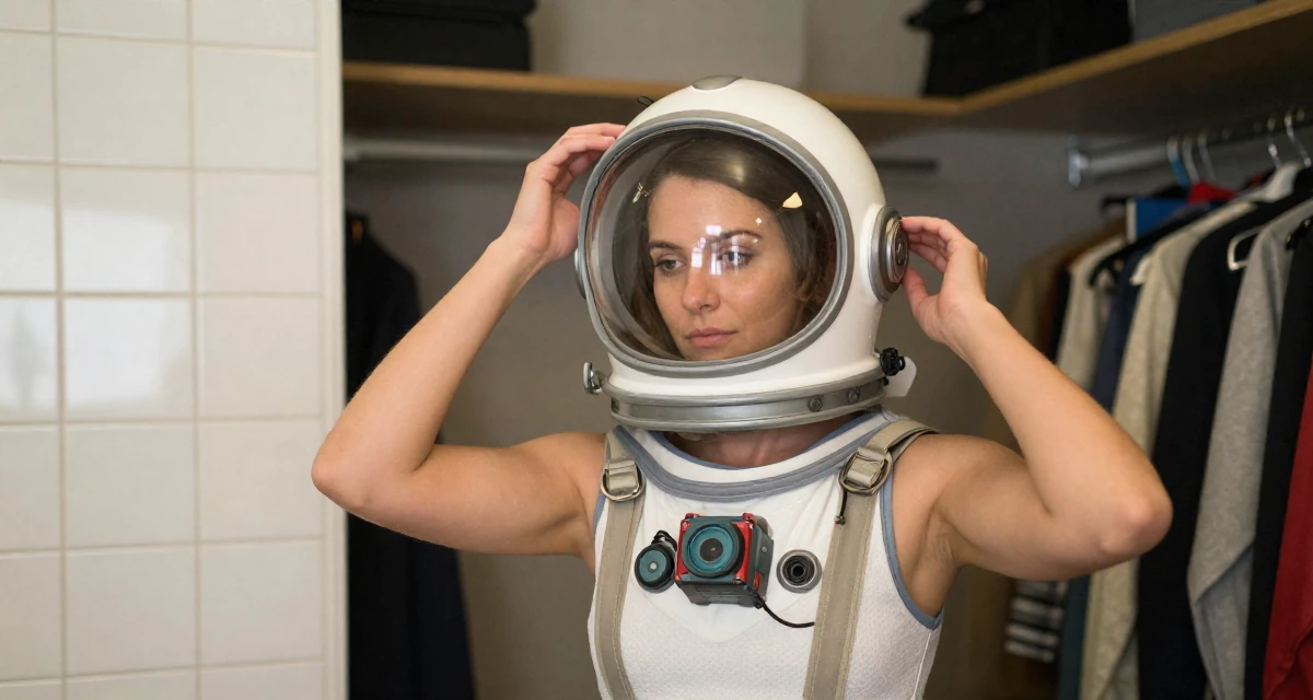 A tranquil Female From Brisbane Australia, majored in physiotherapy in their 36, pivoting career paths completely, wearing a retro sci-fi space girl outfit with a bubble helmet, adjusting a hairpin in a walk-in closet.