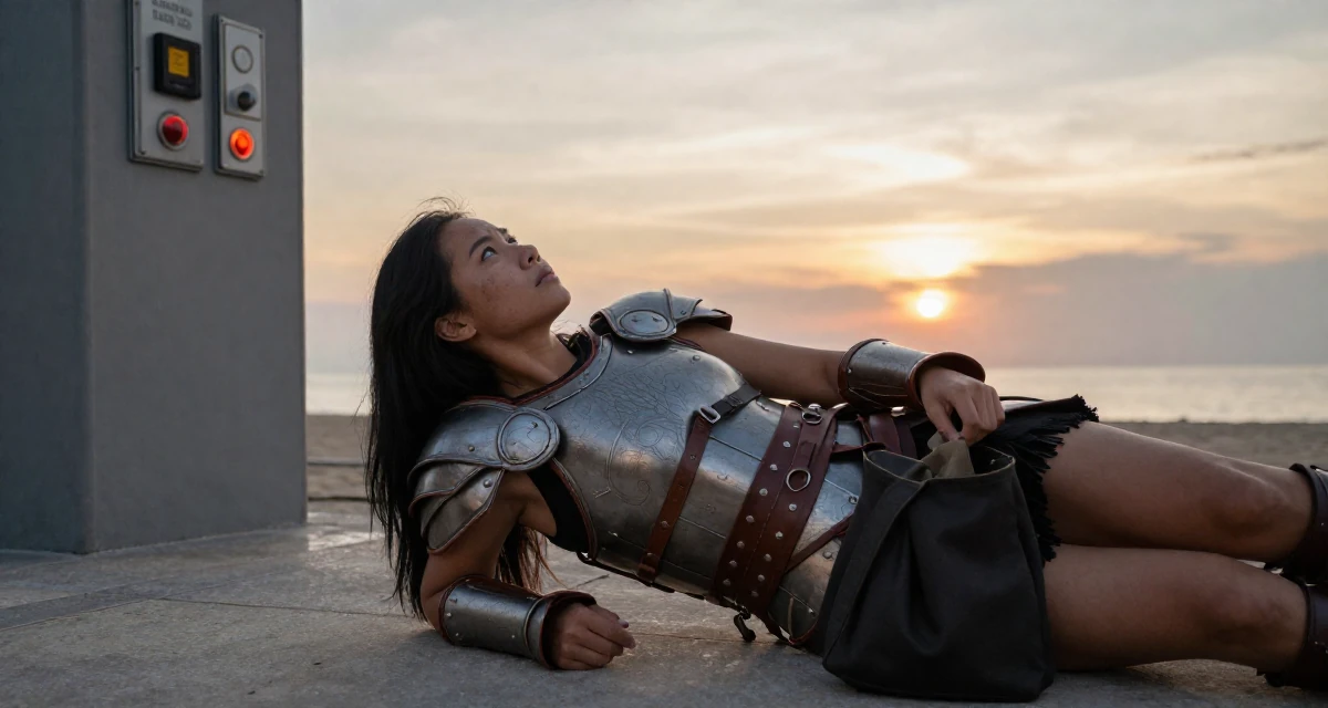 A cold and distant Female From Malaysia, majored in international business in their 22, struggling to stay inspired with limited resources, wearing a gladiator armor with leather straps and a metal breastplate, reaching into a bag in a sunset beach.