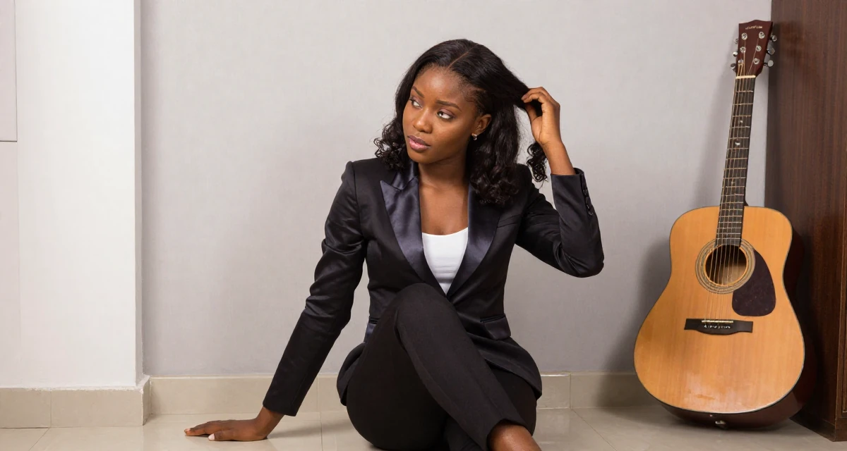 A alluring Female From Nigeria, majored in business communication in their 31, feeling the biological clock or societal pressure, wearing a satin lapel blazer and tuxedo pants, brushing hair back in a modern apartment.