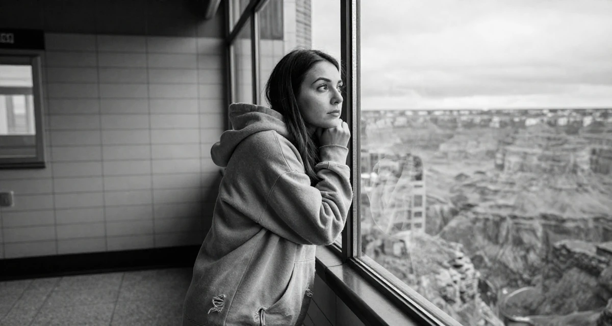 A yearning Female Once a kindergarten teacher, now a full-time lifestyle content creator in their 22, struggling to stay inspired with limited resources, wearing a oversized hoodie worn as a dress, checking a reflection in a window in a high-rise office building.