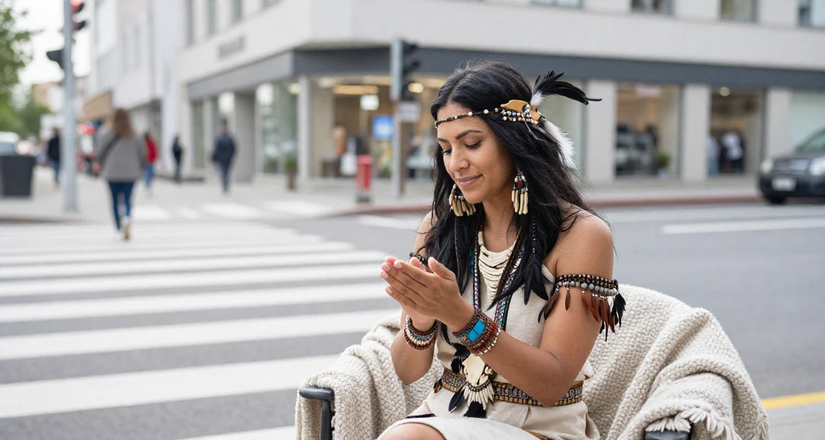 A friendly Female Former fashion retail worker, now curating premium outfit inspiration in their 44, building a second stream of passive income, wearing a tribal shaman outfit with feathers and bones, rubbing hands together for warmth in a busy crosswalk.