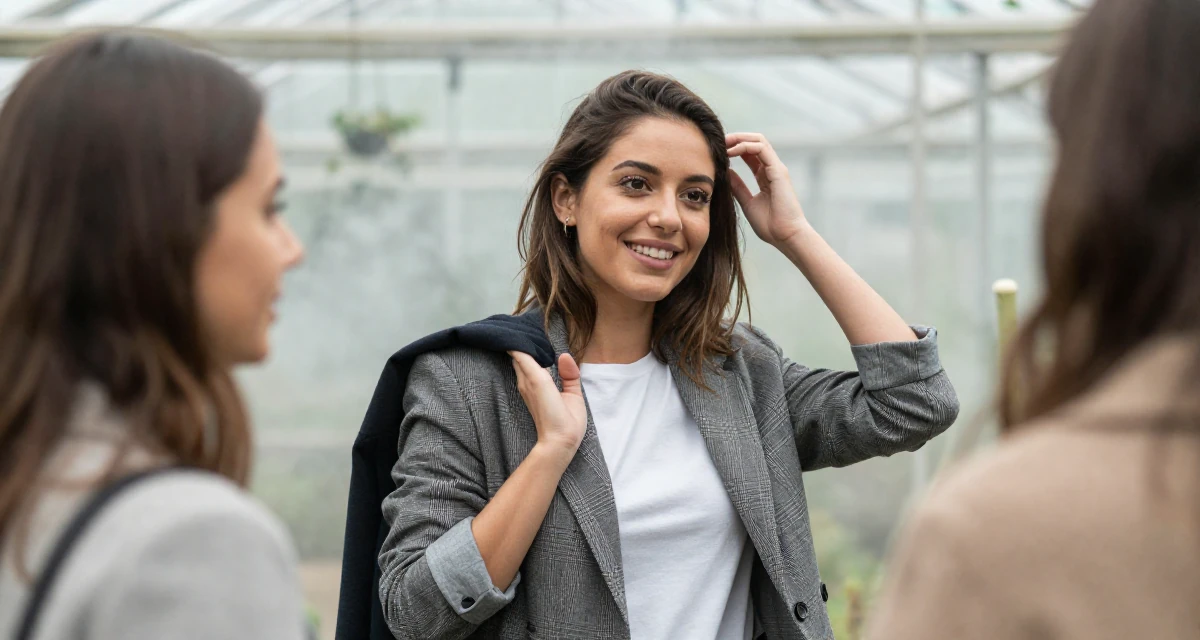 A radiant Female From Spain, studied audiovisual communication in their 25, entering first serious friendships and relationships, wearing a refined casual Friday look, holding a jacket over a shoulder in a greenhouse interior.