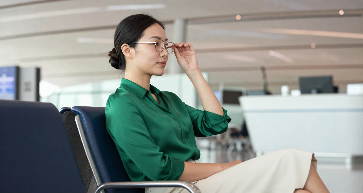 A cool and collected Female Former spa receptionist, now blending beauty with calm-aesthetic content in their 30, recovering workaholic learning to relax, wearing a emerald green silk blouse and a cream skirt, pushing glasses up the nose in a airport terminal.