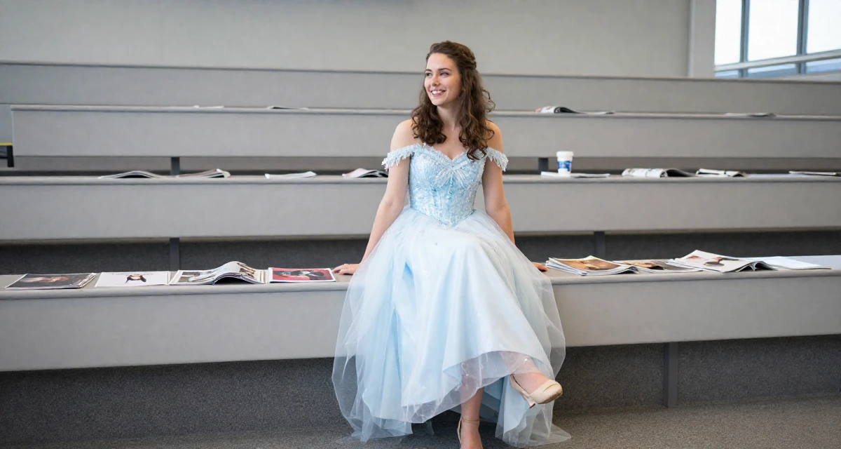 A cheerful Female From Bergen Norway, focused on natural-light photography in outdoor settings in their 25, coping with homesickness during first year away, wearing a snow queen gown with ice crystal details, crossing legs in a lecture hall.