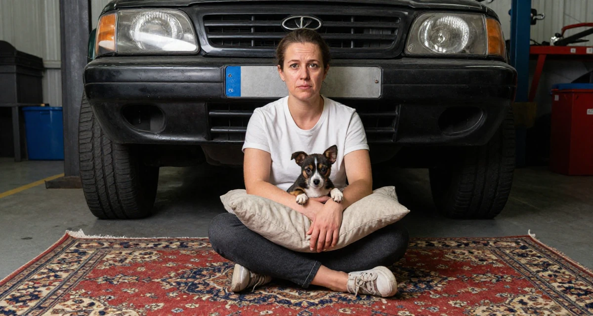 A fragile Female From Rotterdam Netherlands, majored in logistics management in their 40, sharing the joy of adoption and family, wearing a minimalist everyday clothing, hugging a pillow or cushion in a mechanic garage.