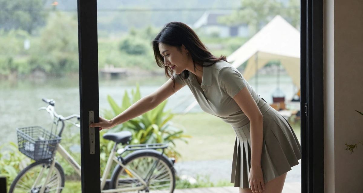 A gentle and kind Female Once a hotel bartender, now creating nightlife-themed fan content in their 24, choosing props that elevate sensual tension, wearing a short pleated skirt and a tight polo shirt, opening a door in a camping site.