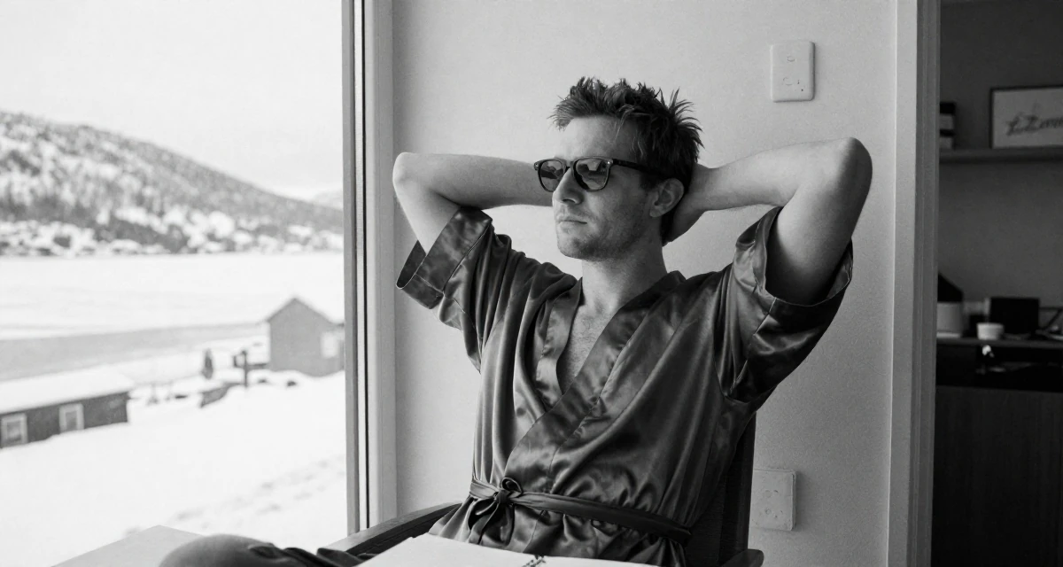 A sentimental male From Norway, studied user experience design in their 48, documenting the process of writing a memoir, wearing a short silk robe tied loosely, lowering sunglasses to look out in a modern apartment.
