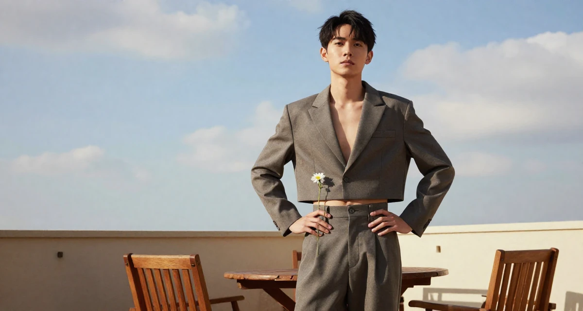 A grounded male From Chinese-speaking regions, studied mechanical design in their 25, realizing 25 is still incredibly young, wearing a cropped blazer and high-waisted trousers set, holding a single flower in a sunny patio.