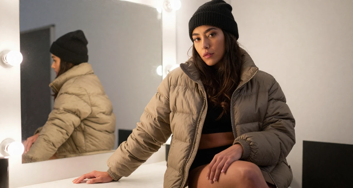 A sultry Female From Penang Malaysia, explored sensual storytelling through dance videos in their 30, embracing a new level of self-assurance, wearing a warm puffer jacket and beanie, resting hands on a table in a vanity mirror.