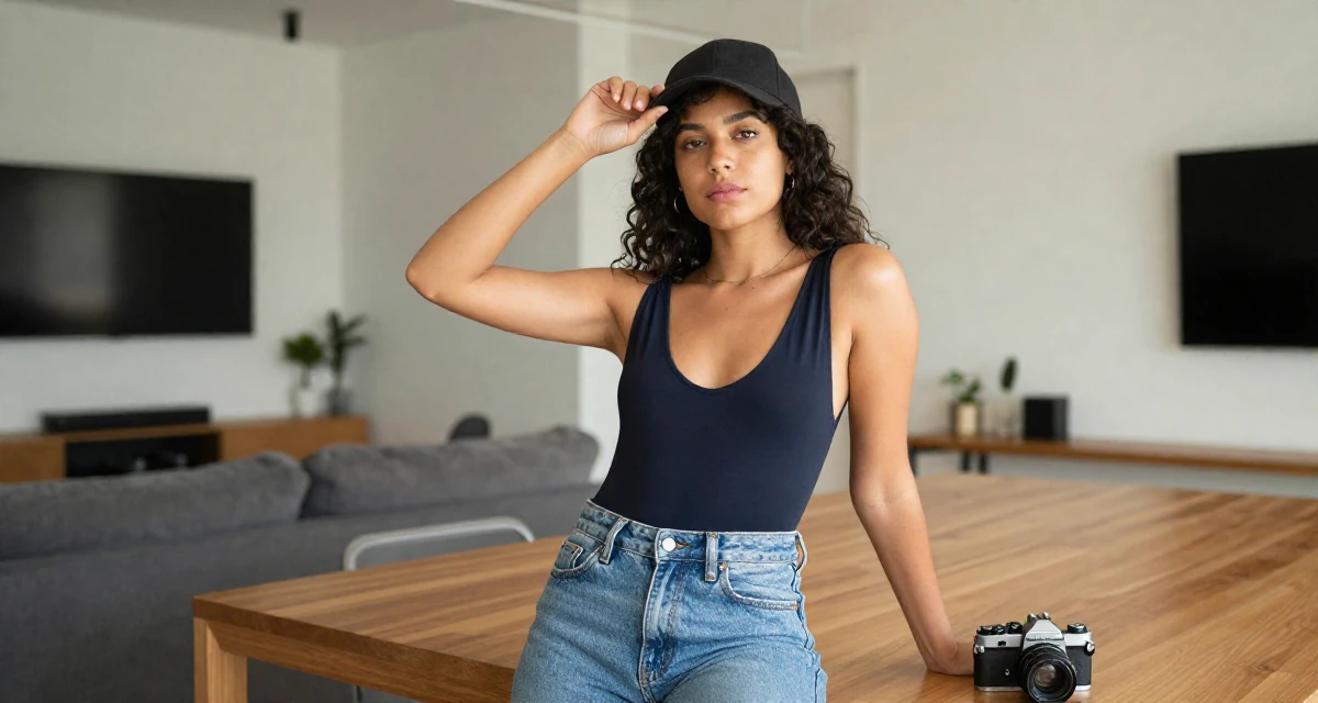 A quietly confident Female From Chile, studied commercial design in their 24, starting to feel comfortable in their own skin, wearing a open-back bodysuit with vintage denim jeans, tipping a hat in a modern apartment.