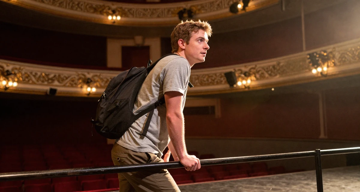 A relaxed and observant male Grew up in Ireland, majored in digital marketing in their 25, learning responsibility through small failures, wearing a comfortable travel outfit, grabbing a railing for support in a theater stage.