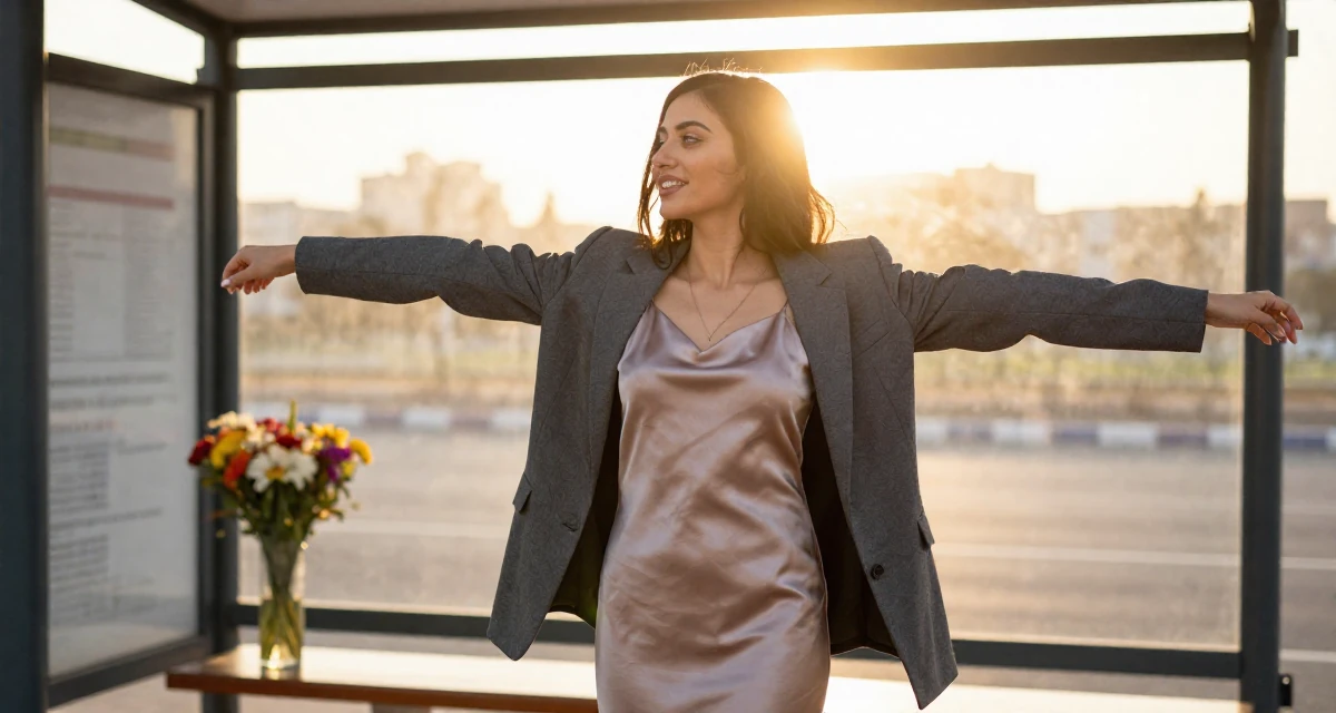 A radiant Female Raised in the UAE, studied consumer behavior analytics in their 23, balancing sensual creativity with school deadlines, wearing a satin slip skirt paired with a structured blazer, stretching arms after waking in a bus stop.
