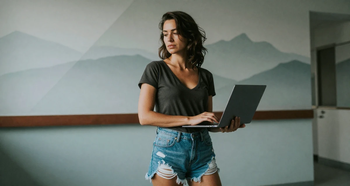 A absent-minded Female From Geneva Switzerland, studied elegance-based visual storytelling in their 57, balancing health issues and work, wearing a deep v-neck t-shirt and distressed denim shorts, typing on a laptop in a abandoned hospital.