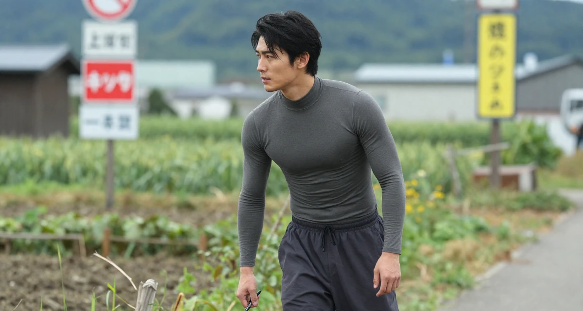 A cool and collected male From Sapporo Japan, trained in fitness and body sculpting in their 38, capturing cinematic moments of daily life, wearing a high-cut bodysuit paired with loose jogging bottoms, holding a pen in a farm field.
