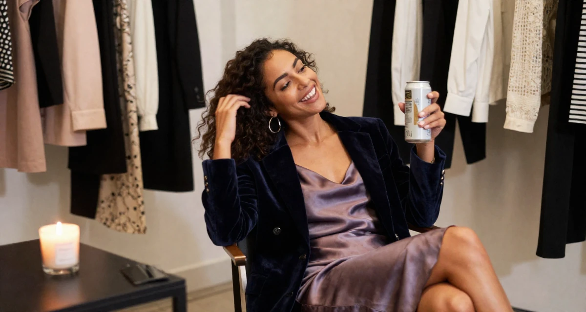 A pleased Female From Mauritius, studied digital marketing in their 25, realizing no one teaches emotional labor in creator work, wearing a velvet blazer and a silk slip dress, holding a beverage can in a clothing boutique.