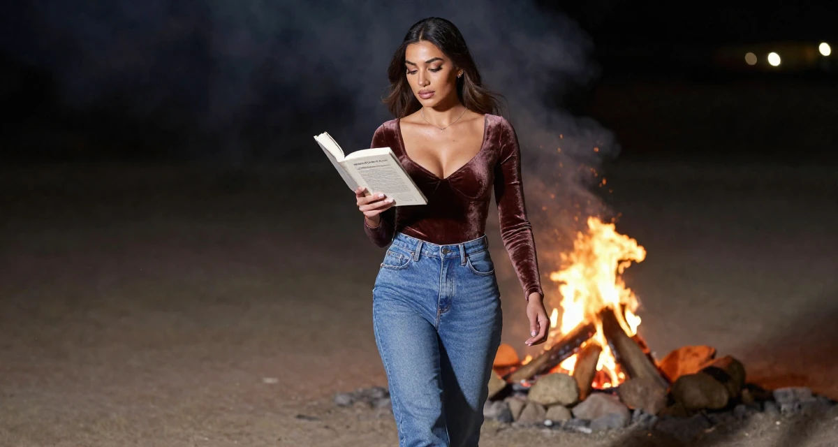 A sultry Female From Abu Dhabi UAE, studied finance and banking in their 26, seeking deeper meaning in daily work, wearing a velvet bodysuit and high-waisted mom jeans, reading a book intently in a campfire circle.