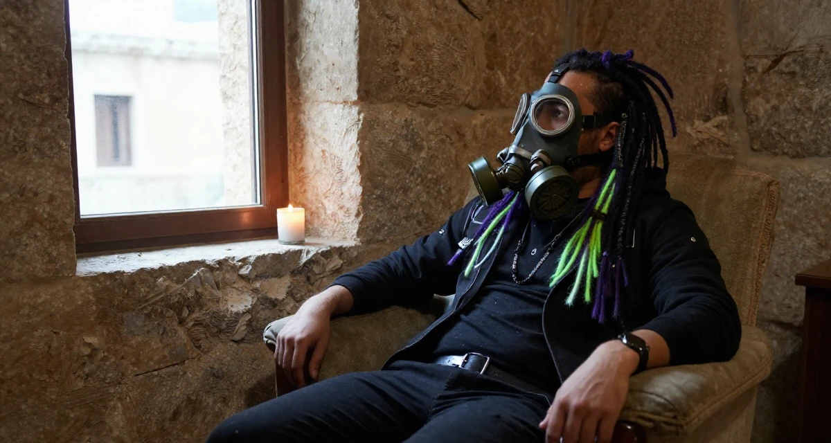 A lonely male From Lebanon, majored in digital journalism in their 22, managing new financial responsibilities, wearing a cyber-goth outfit with gas mask and neon dreads, looking out the window in a ancient stone ruins.
