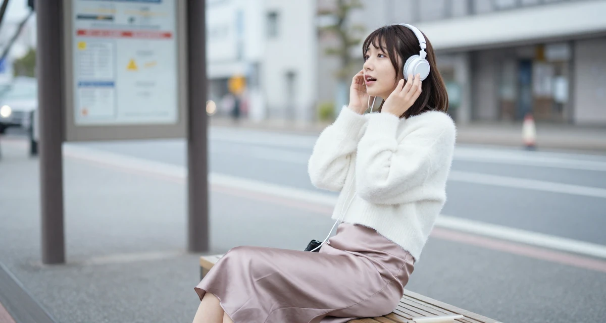 A wild Female From Kyoto Japan, practiced artistic nude photography as self-expression in their 39, prioritizing quality over quantity in life, wearing a satin midi skirt and a fuzzy cropped sweater, listening to music with headphones in a bus stop.