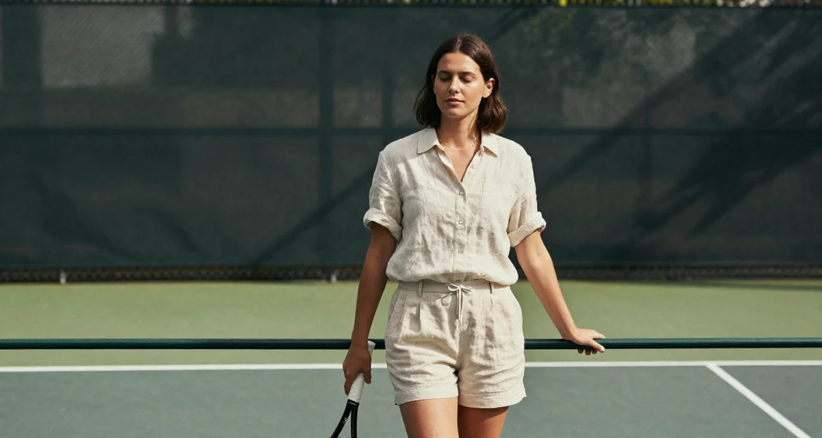 A introspective Female From Zurich Switzerland, learned luxury lifestyle imaging in their 25, learning to balance creativity with subscriber expectations, wearing a chic summer linen outfit, leaning on a railing in a tennis court.