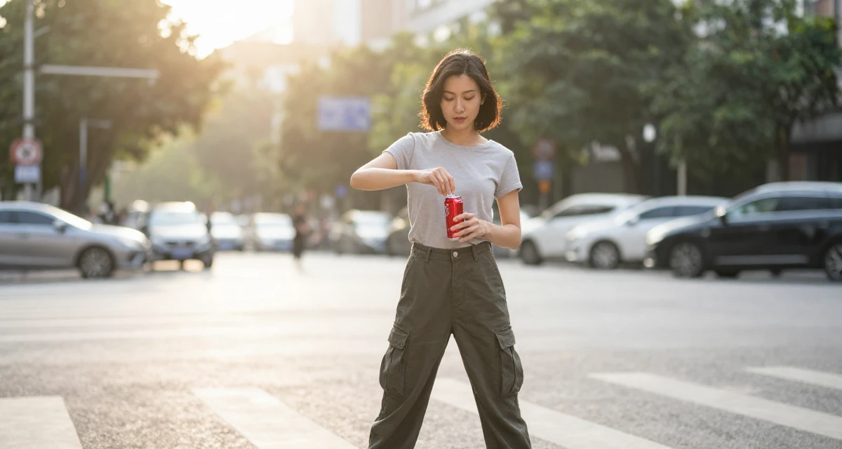 A nostalgic Female From Guangzhou China, learned fashion styling through studio work in their 35, enjoying a peak physical and mental state, wearing a simple t-shirt and cargo pants, opening a soda can in a busy crosswalk.