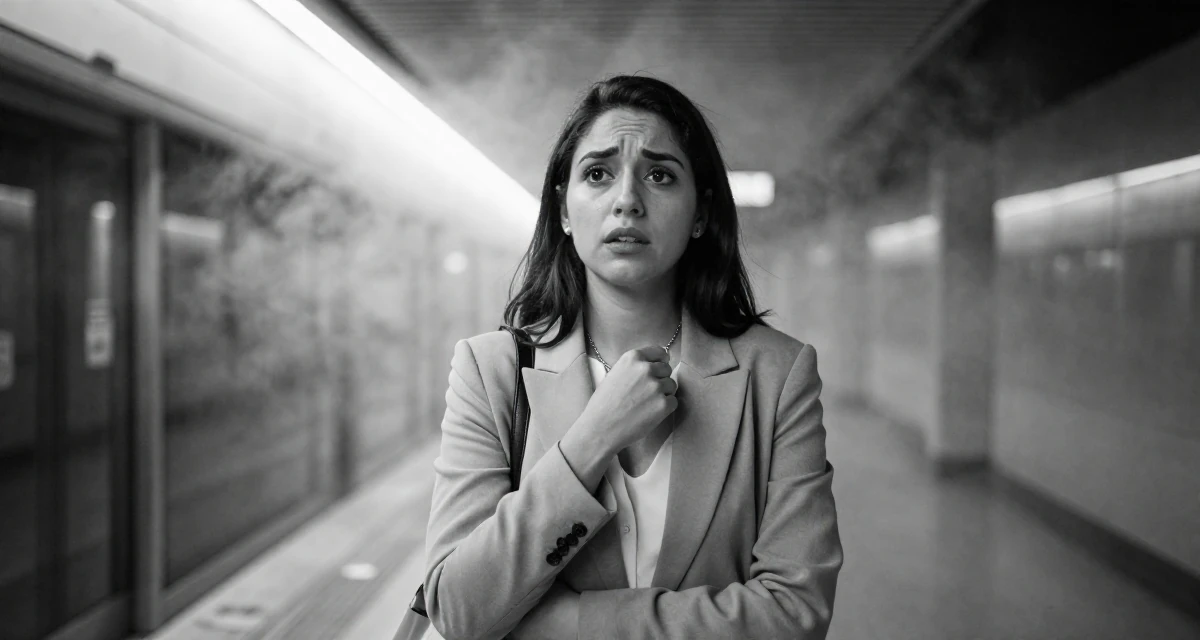 A emotionally moved Female From Mexico City Mexico, studied graphic communication in their 25, questioning long-term direction, wearing a sharp business casual attire, fiddling with a necklace in a subway platform.